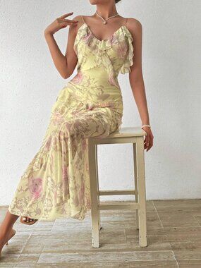 SHEIN Fairycore Pale Yellow Mesh Ruffle Maxi Vacation Dress
